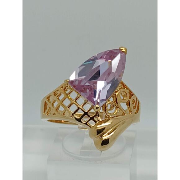Vintage Gold EP Light Amethyst Sim Diamond 90's Bold CZ Cocktail Ring Size 9 - Picture 8 of 10